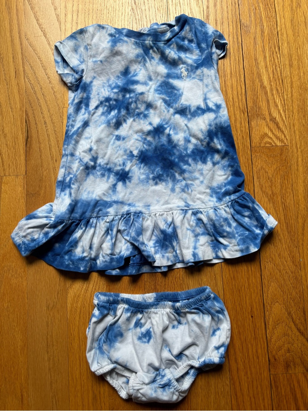 Polo Ralph Lauren 9M Baby Girl Blue Tie-Dye Dress and Matching Bloomer Set